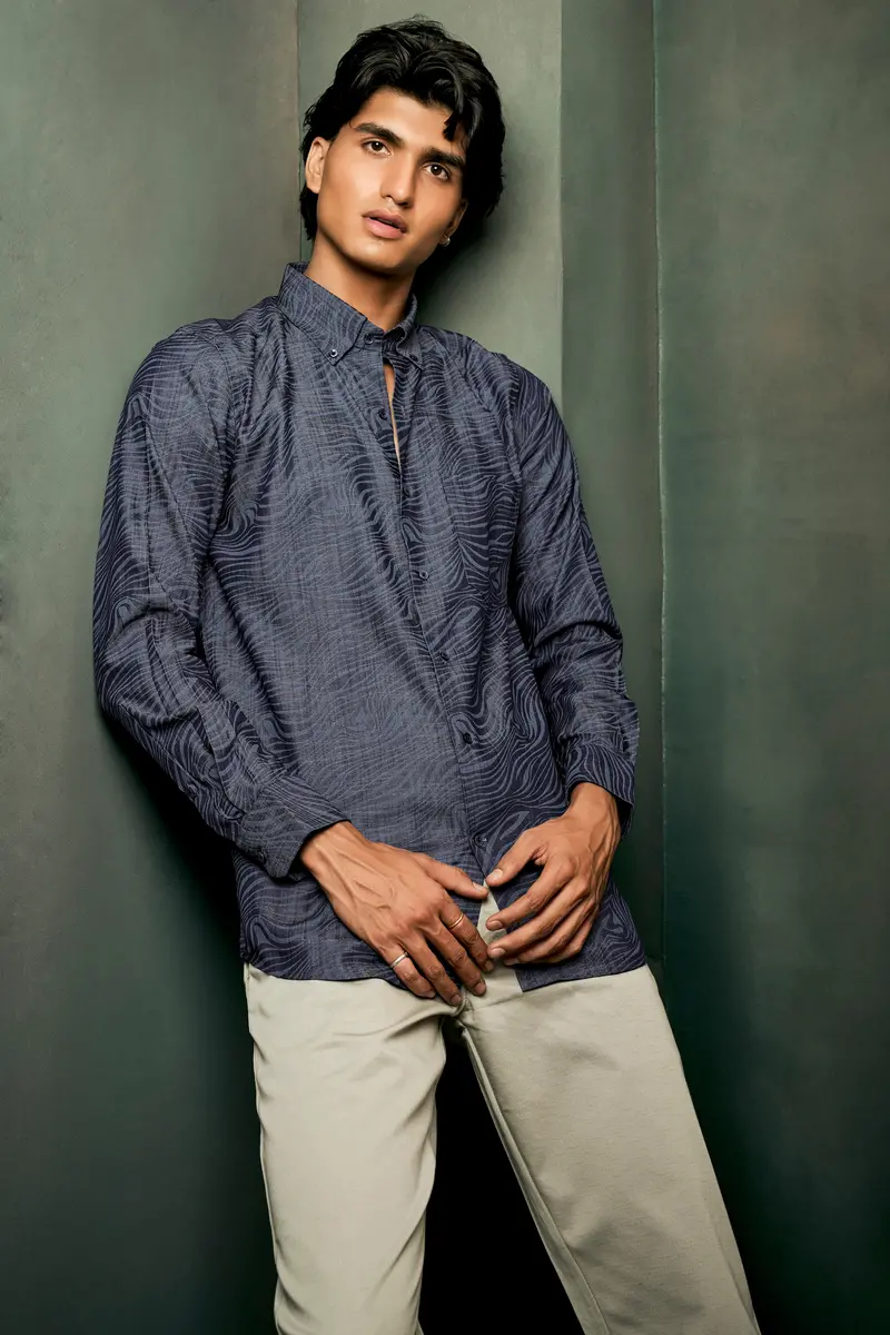 Mirage Blue Printed Chambray Premium Cotton Denim Shirt 11