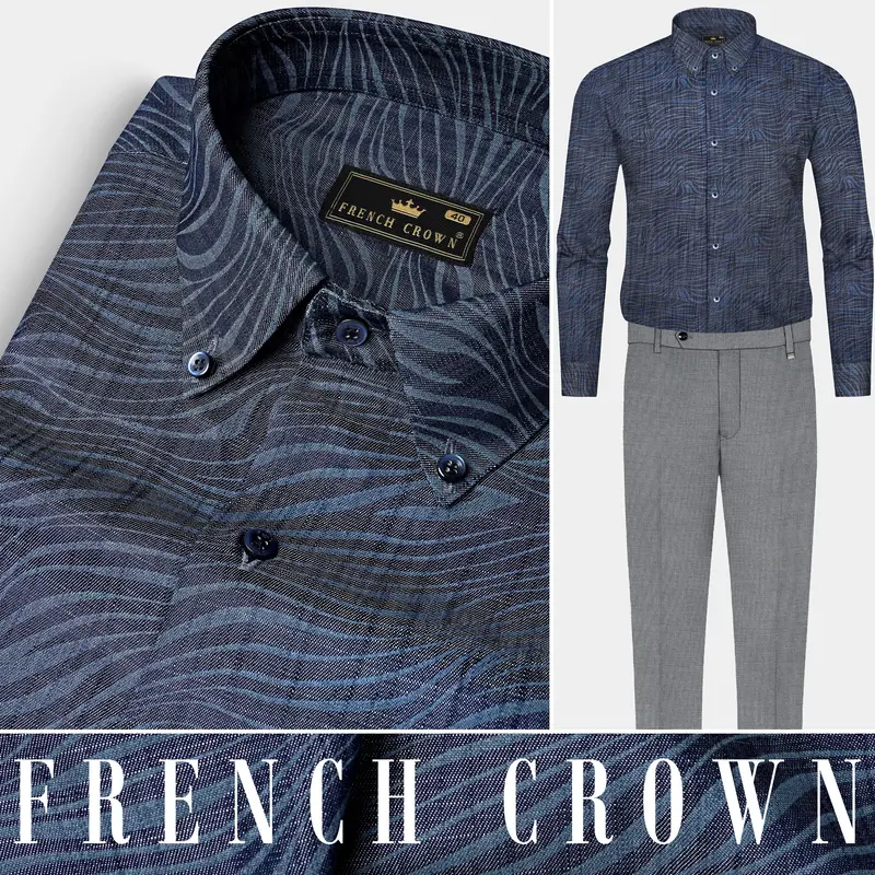 Mirage Blue Printed Chambray Premium Cotton Denim Shirt 14