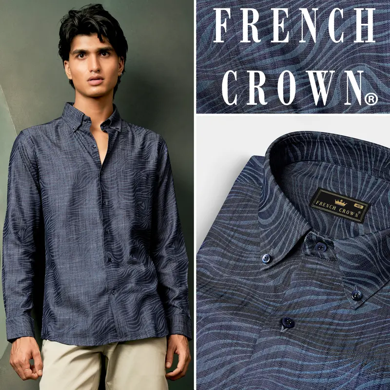 Mirage Blue Printed Chambray Premium Cotton Denim Shirt 16
