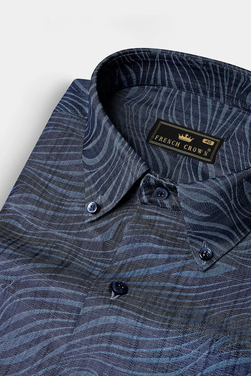 Mirage Blue Printed Chambray Premium Cotton Denim Shirt 2