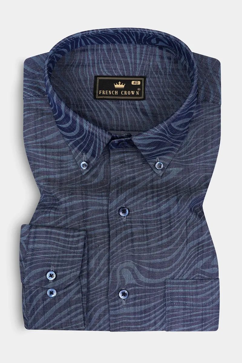 Mirage Blue Printed Chambray Premium Cotton Denim Shirt 4