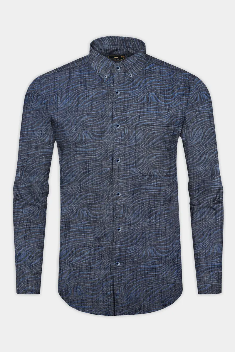 Mirage Blue Printed Chambray Premium Cotton Denim Shirt 5
