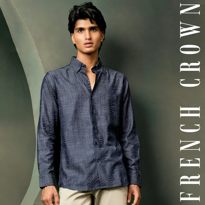 Mirage Blue Printed Chambray Premium Cotton Denim Shirt 8