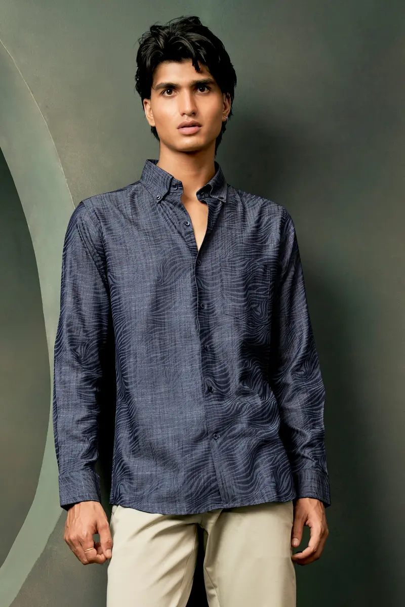 Mirage Blue Printed Chambray Premium Cotton Denim Shirt 9
