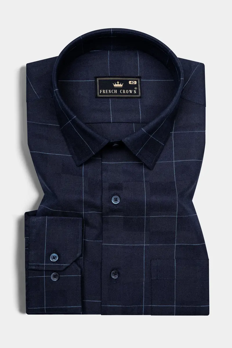 Mirage Blue Windowpane Dobby Textured Premium Giza Cotton Shirt 3