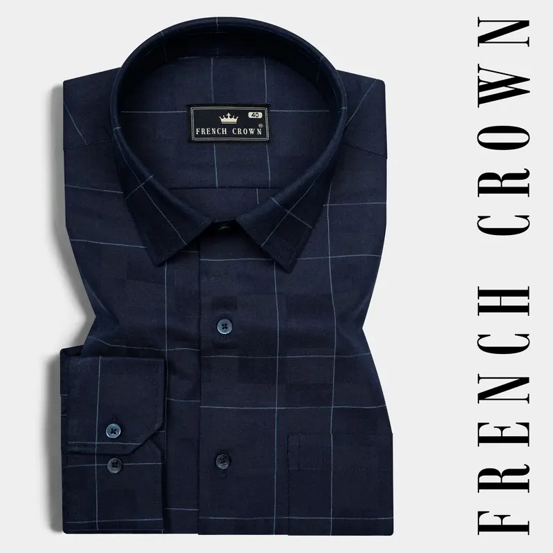 Mirage Blue Windowpane Dobby Textured Premium Giza Cotton Shirt 7