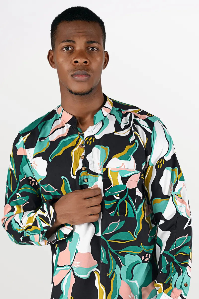 Mirage Blue With White And Gossamer Green Printed Premium Tencel Kurta Shirt 4