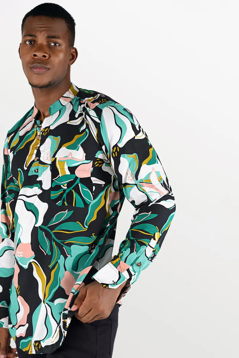 Mirage Blue With White And Gossamer Green Printed Premium Tencel Kurta Shirt 6