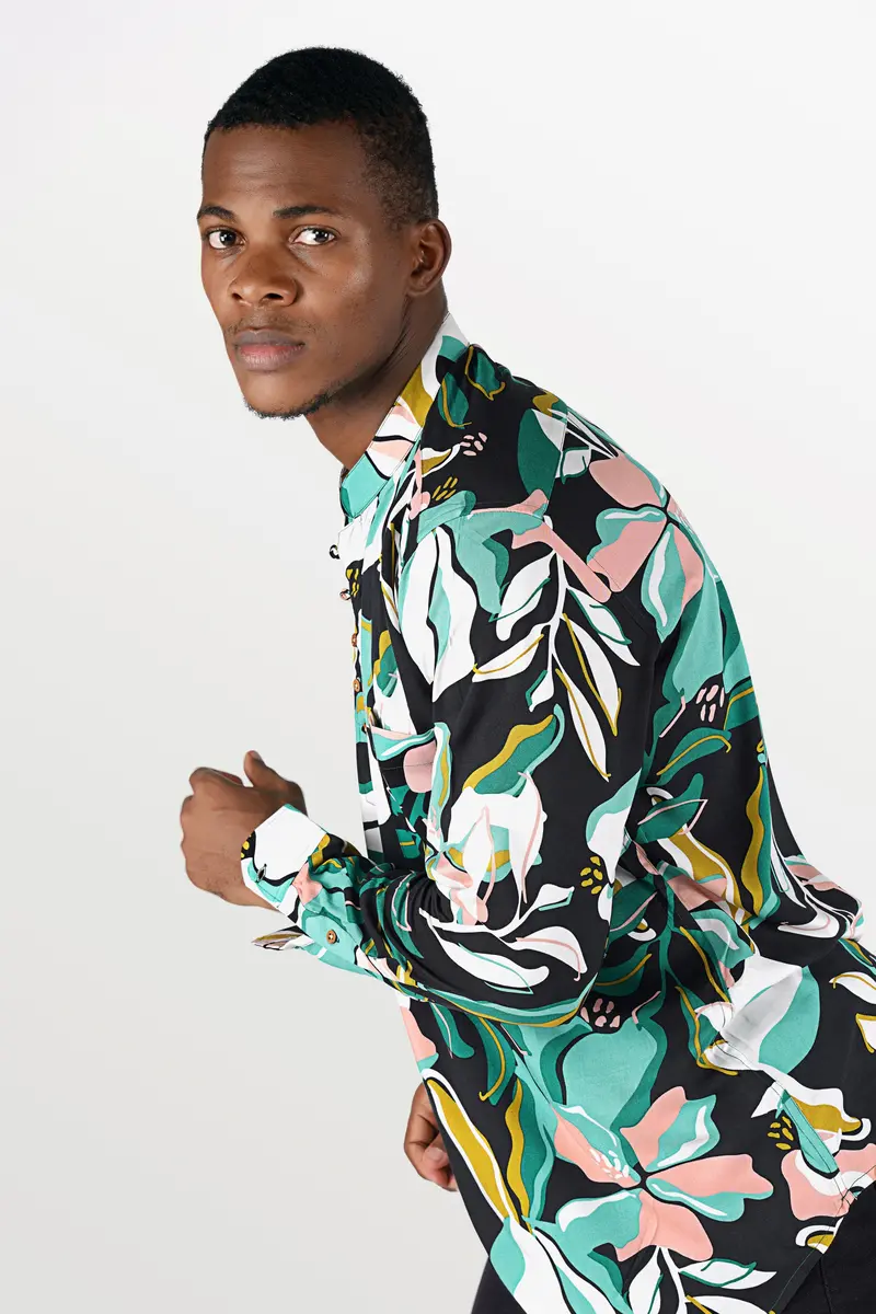 Mirage Blue With White And Gossamer Green Printed Premium Tencel Kurta Shirt 7
