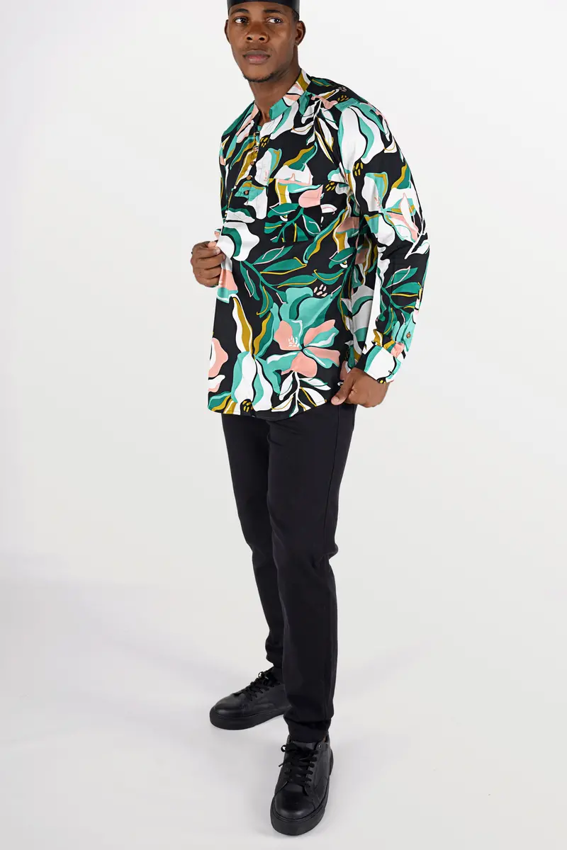 Mirage Blue With White And Gossamer Green Printed Premium Tencel Kurta Shirt 8