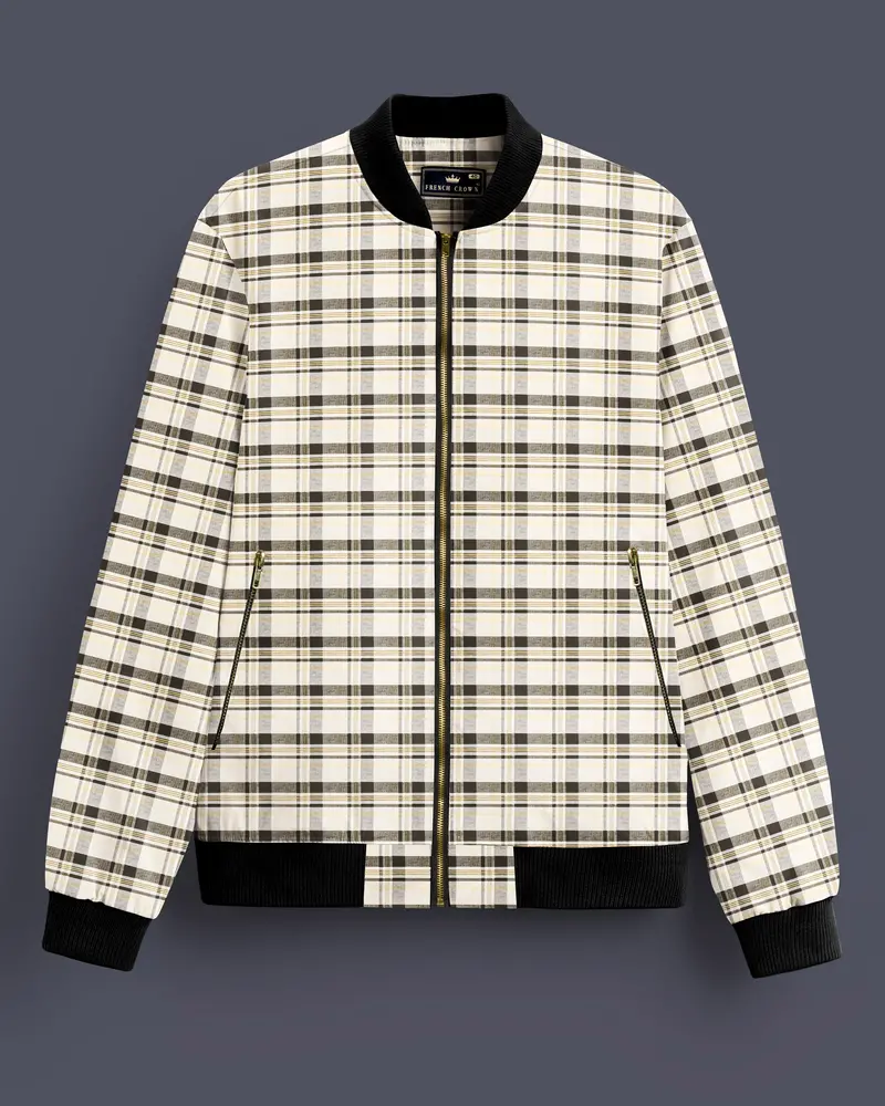 Mirella-Wheatfield Cream With Taupe Green Plaid Premium Cotton Bomber Jacket 1