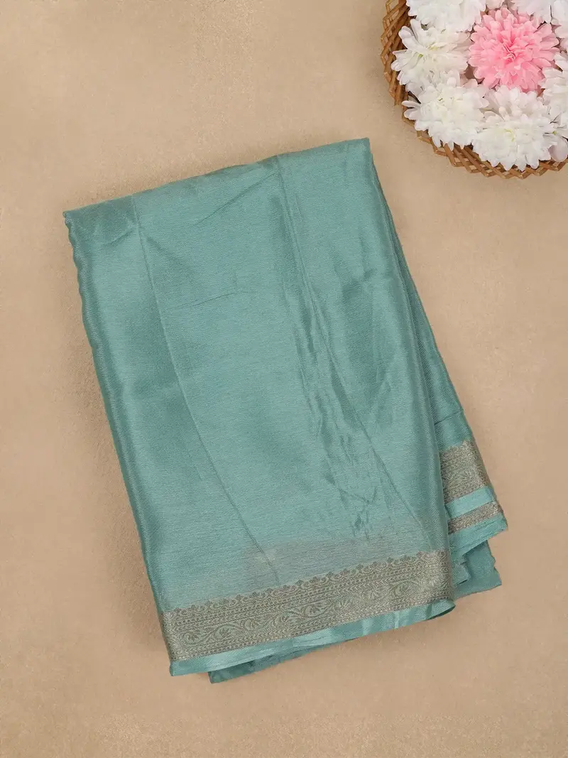Mist Green Solid Design Antique Gold Zari Border Mysore Silk Saree 1