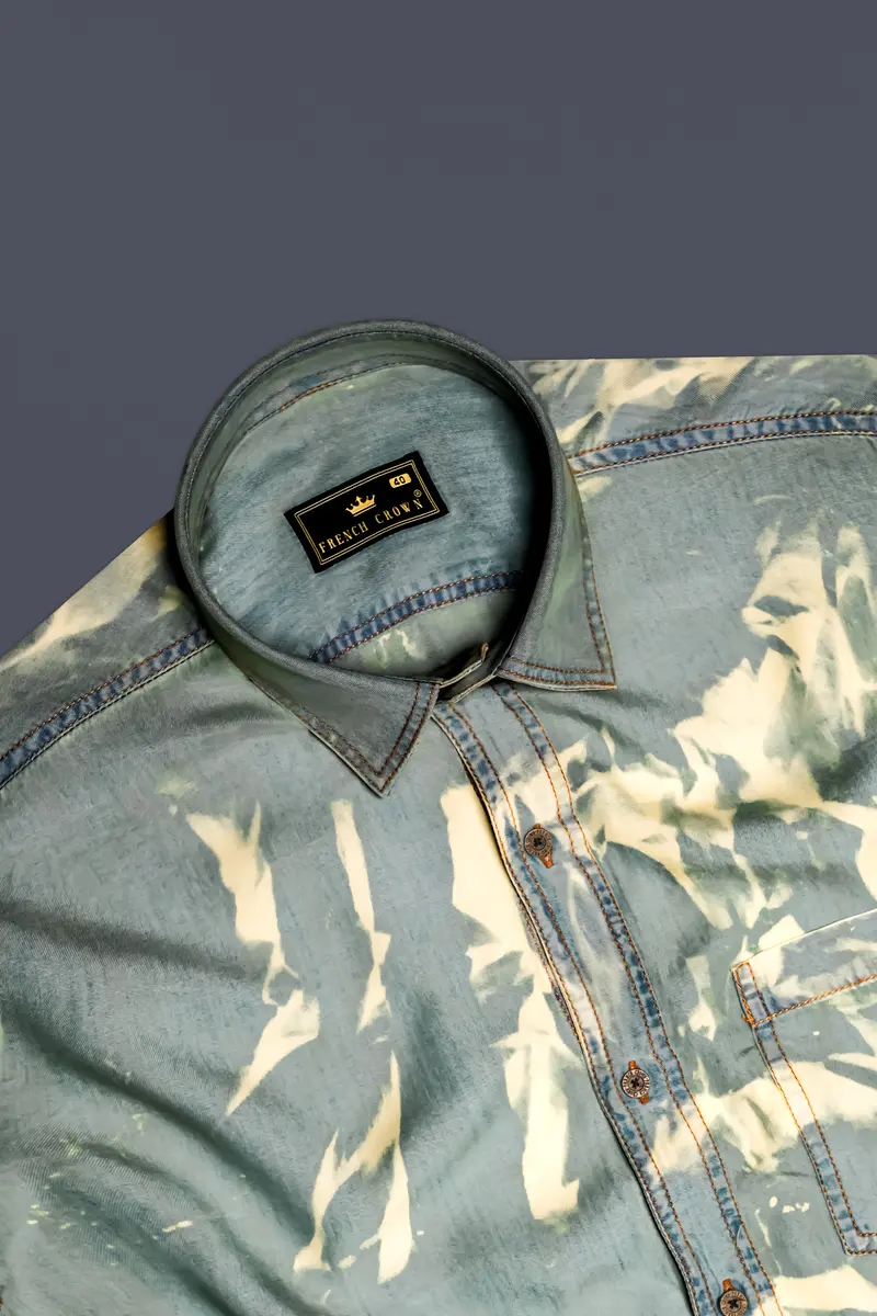 Mist Swirl-Pewter Gray And Scotch Cream Tie-Dye Printed Tencel Denim Casual Shirt 10