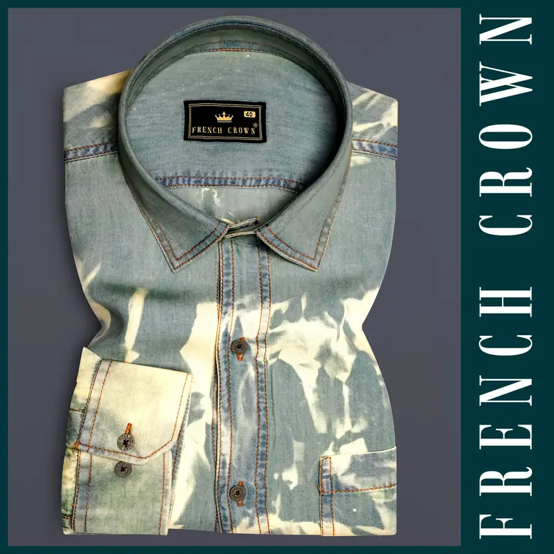 Mist Swirl-Pewter Gray And Scotch Cream Tie-Dye Printed Tencel Denim Casual Shirt 11