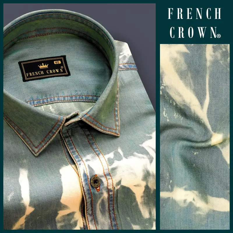 Mist Swirl-Pewter Gray And Scotch Cream Tie-Dye Printed Tencel Denim Casual Shirt 12