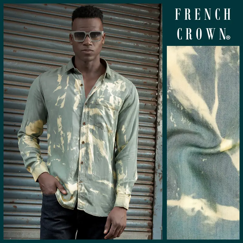Mist Swirl-Pewter Gray And Scotch Cream Tie-Dye Printed Tencel Denim Casual Shirt 15