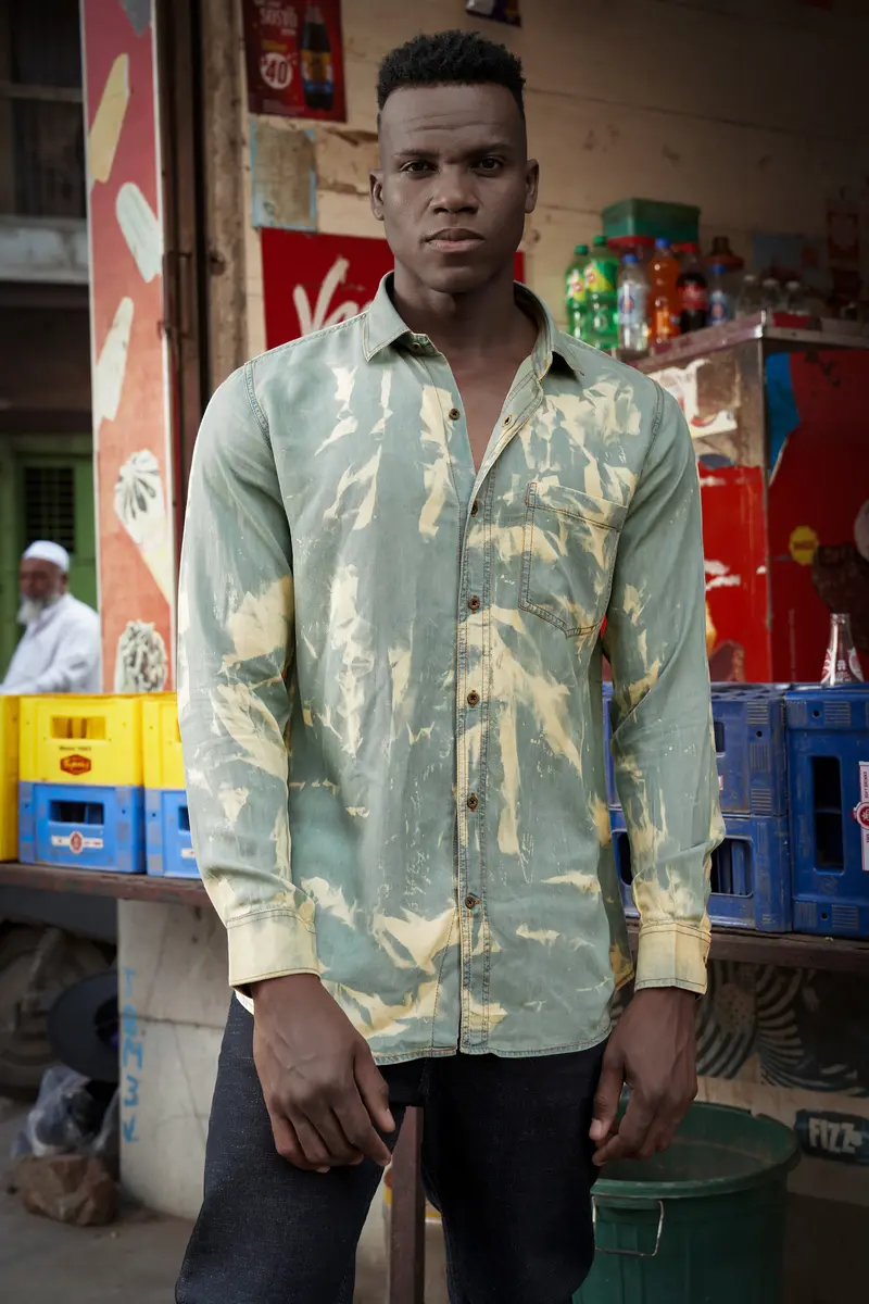 Mist Swirl-Pewter Gray And Scotch Cream Tie-Dye Printed Tencel Denim Casual Shirt 2