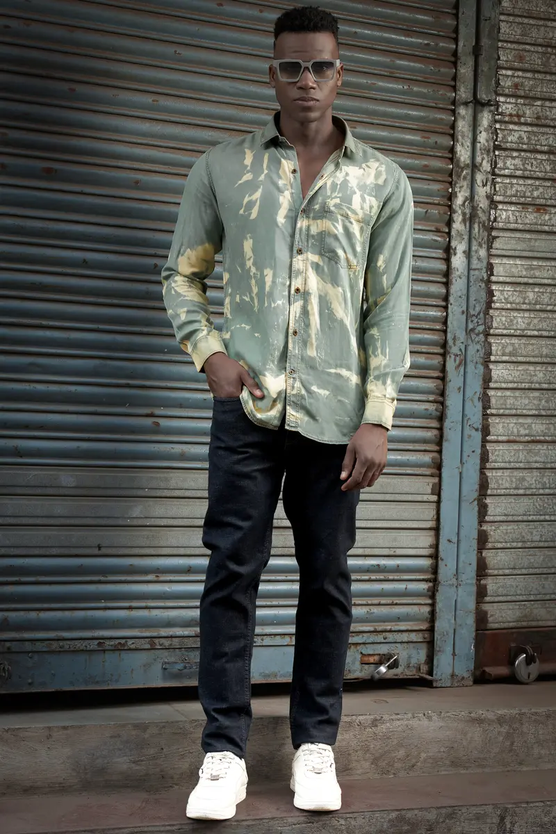 Mist Swirl-Pewter Gray And Scotch Cream Tie-Dye Printed Tencel Denim Casual Shirt 4