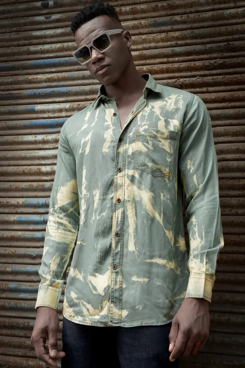 Mist Swirl-Pewter Gray And Scotch Cream Tie-Dye Printed Tencel Denim Casual Shirt 5