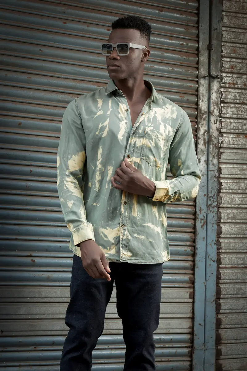 Mist Swirl-Pewter Gray And Scotch Cream Tie-Dye Printed Tencel Denim Casual Shirt 6