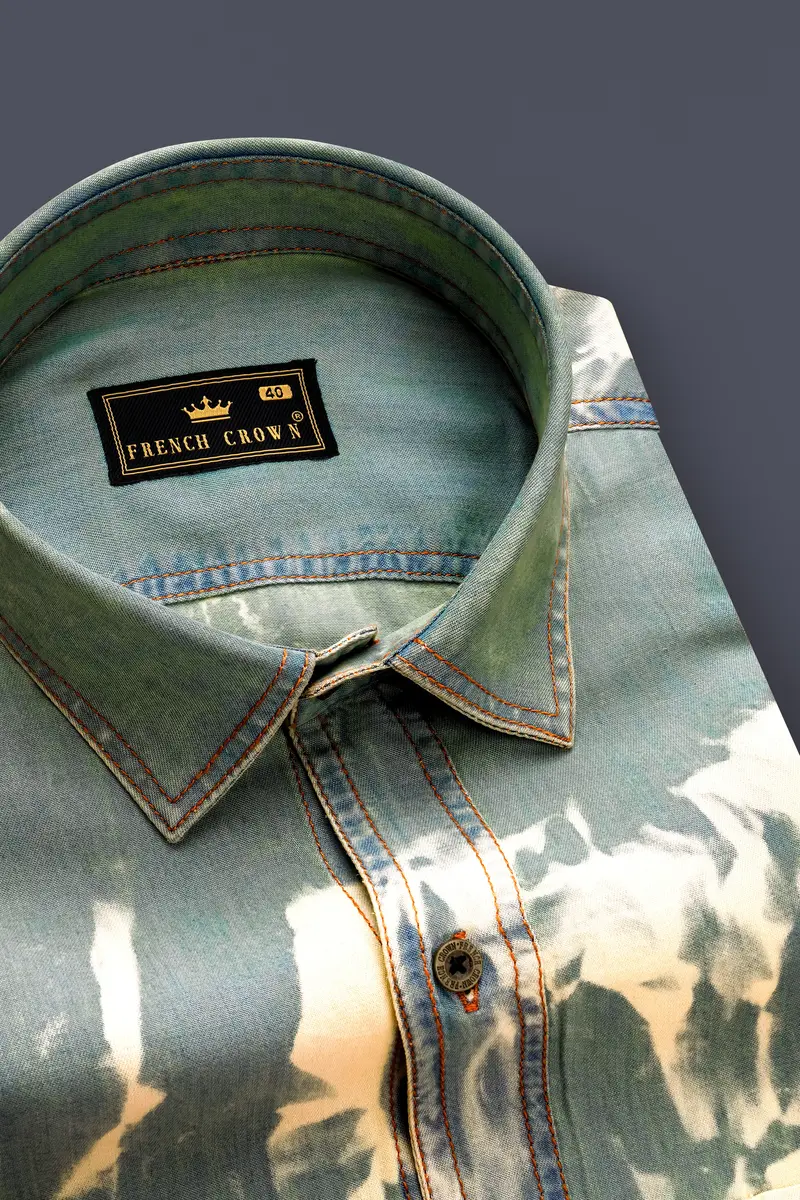 Mist Swirl-Pewter Gray And Scotch Cream Tie-Dye Printed Tencel Denim Casual Shirt 8