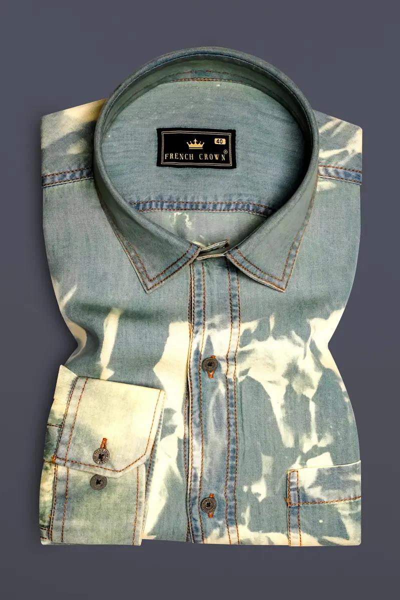 Mist Swirl-Pewter Gray And Scotch Cream Tie-Dye Printed Tencel Denim Casual Shirt 9