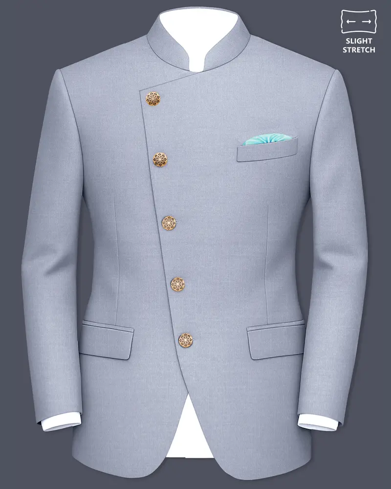 Mistivell-Mountain Mist Gray Wool Rich Cross Placket Bandhgala Stretchable Traveler Blazer 1