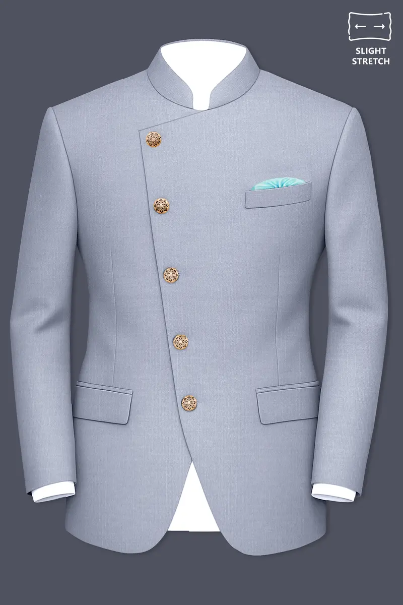 Mistivell-Mountain Mist Gray Wool Rich Cross Placket Bandhgala Stretchable Traveler Blazer 2