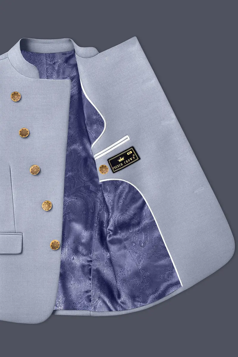 Mistivell-Mountain Mist Gray Wool Rich Cross Placket Bandhgala Stretchable Traveler Blazer 4