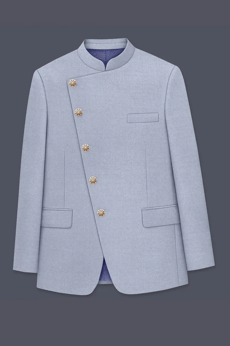 Mistivell-Mountain Mist Gray Wool Rich Cross Placket Bandhgala Stretchable Traveler Blazer 6