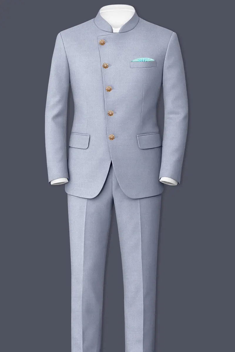 Mistivell-Mountain Mist Gray Wool Rich Cross Placket Bandhgala Stretchable Traveler Blazer 8