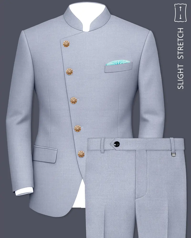 Mistivell-Mountain Mist Gray Wool Rich Cross Placket Bandhgala Stretchable Traveler Suit 1