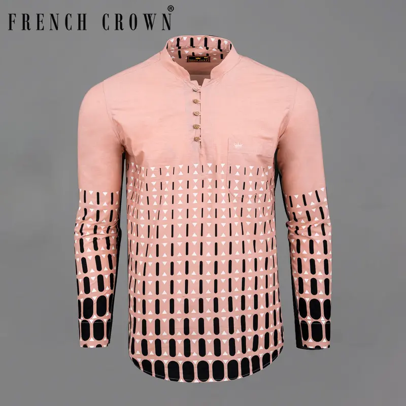 Misty Rose And Black Geometric Print Premium Cotton Kurta Shirt 1