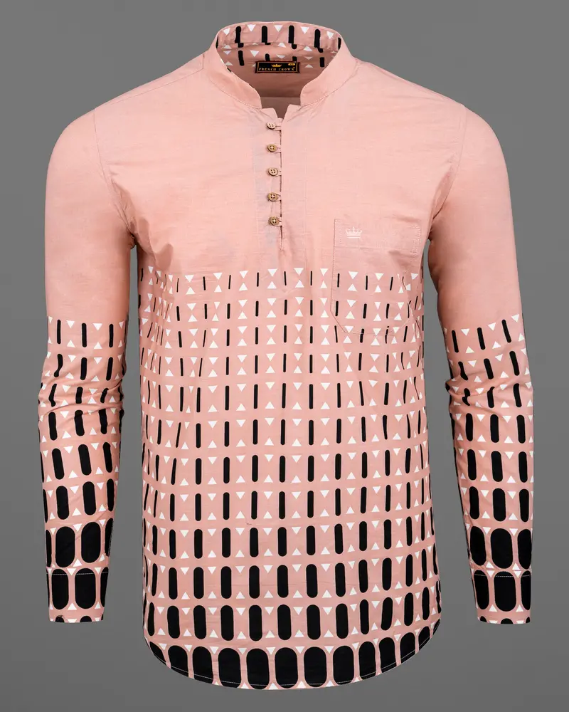 Misty Rose And Black Geometric Print Premium Cotton Kurta Shirt 2