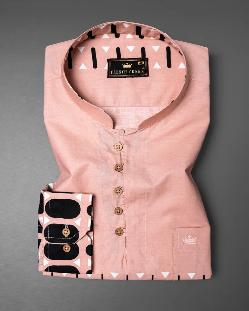 Misty Rose And Black Geometric Print Premium Cotton Kurta Shirt 5