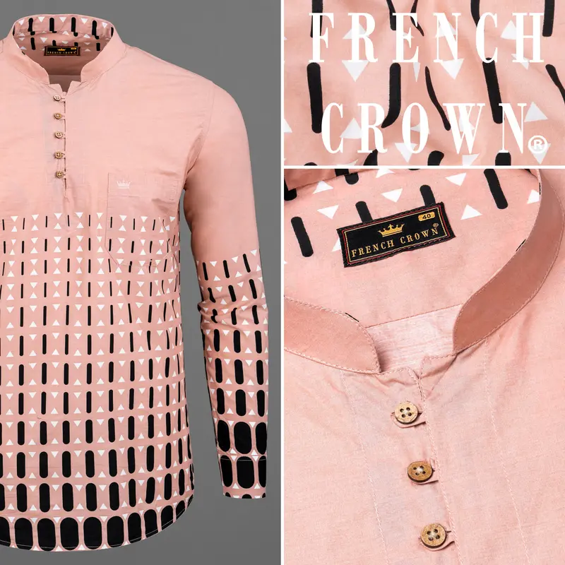 Misty Rose And Black Geometric Print Premium Cotton Kurta Shirt 8