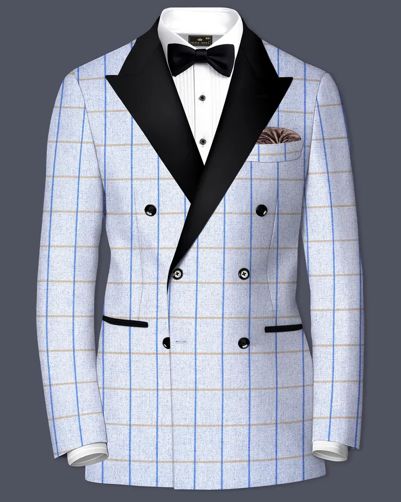 Mobster Blue Checkered Double Breasted Black Lapel Designer Blazer 1