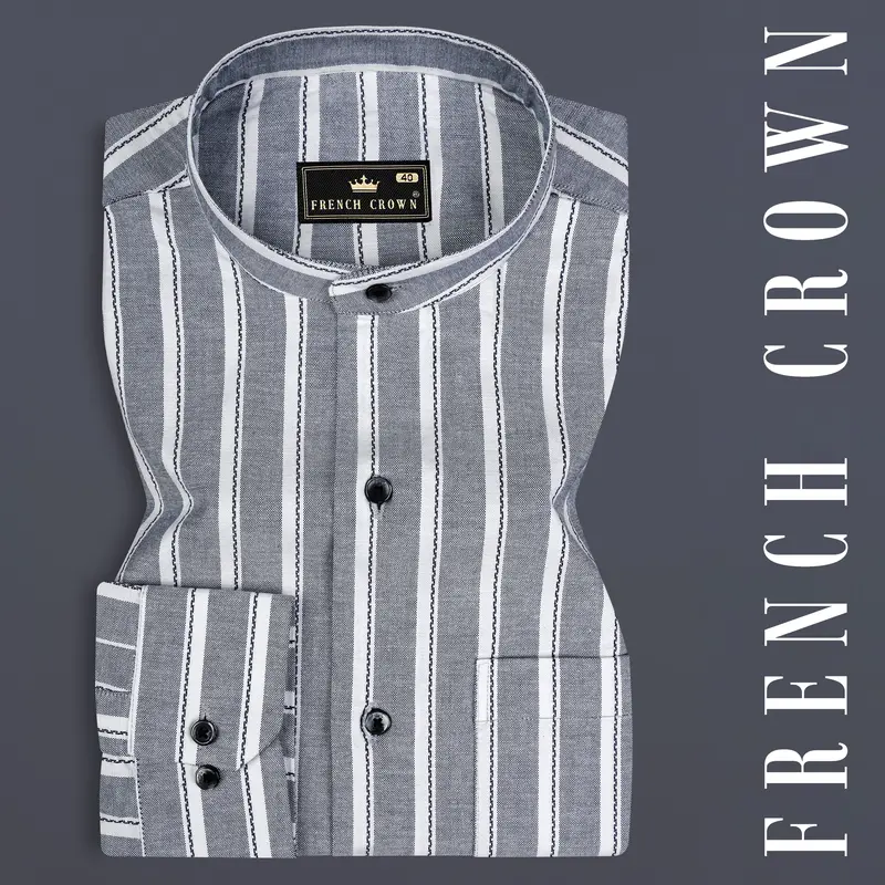 Mobster Gray And Bright White Striped Heavy Weight Royal Oxford Premium Cotton Shirt 7
