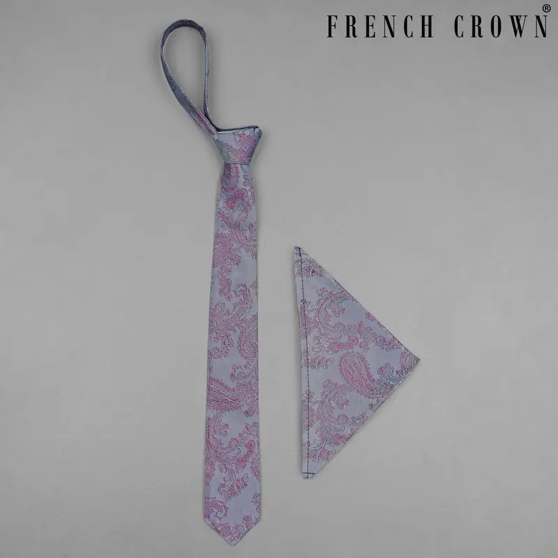 Mobster Maroon And Chateau Gray Two Tone Paisley Jacquard Tie With Pocket Square 1