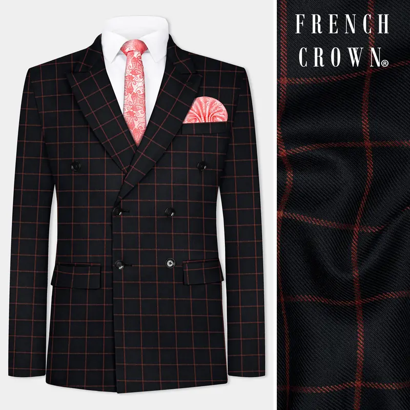 Moccaccino Black Windowpane Double Breasted Tweed Blazer 1