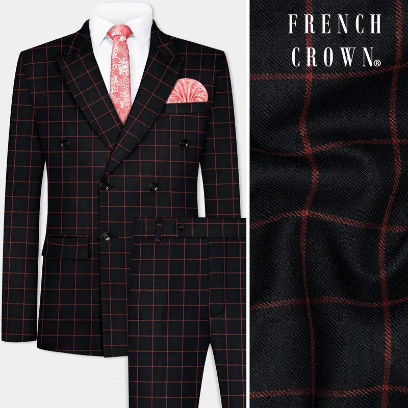 Moccaccino Black Windowpane Double Breasted Tweed Suit 1