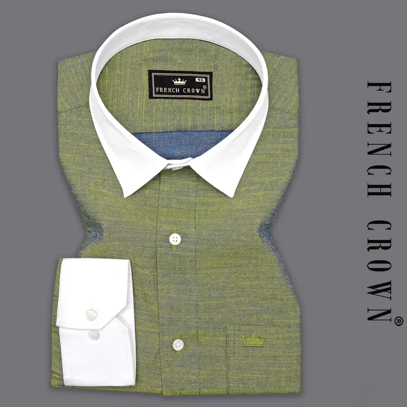 Moccasin Green With White Collar And Cuffs Luxurious Linen Shirt 1