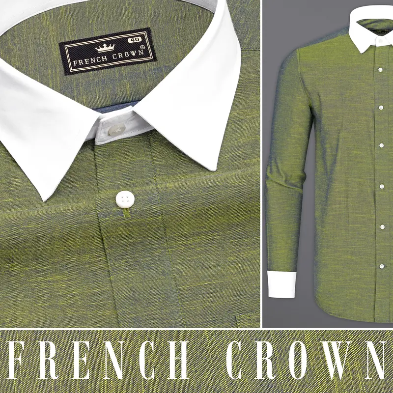 Moccasin Green With White Collar And Cuffs Luxurious Linen Shirt 10