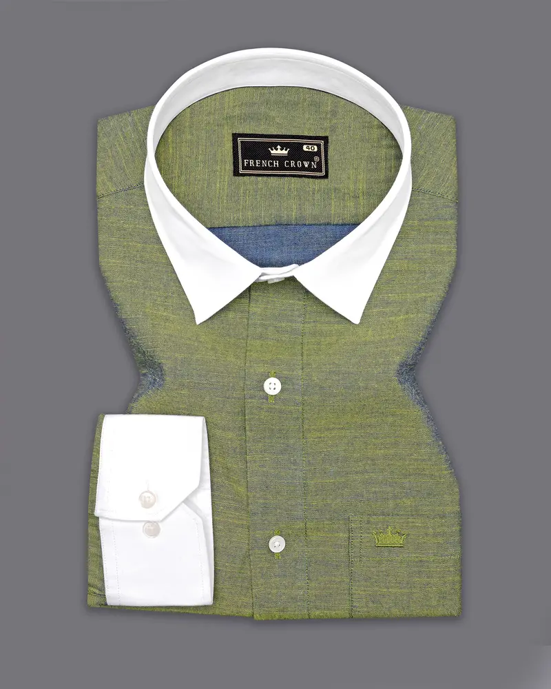 Moccasin Green With White Collar And Cuffs Luxurious Linen Shirt 2