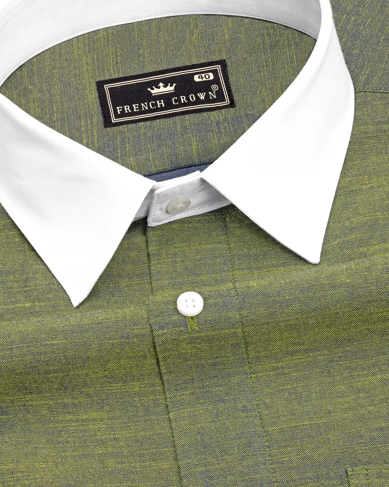 Moccasin Green With White Collar And Cuffs Luxurious Linen Shirt 4
