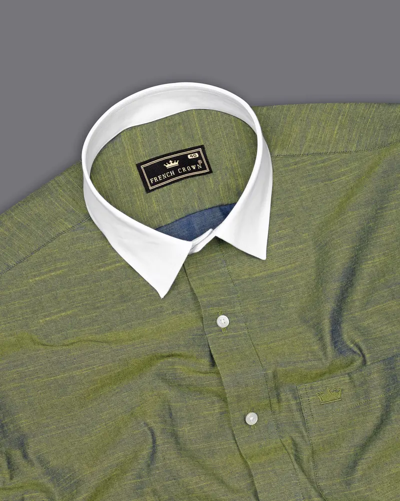 Moccasin Green With White Collar And Cuffs Luxurious Linen Shirt 5