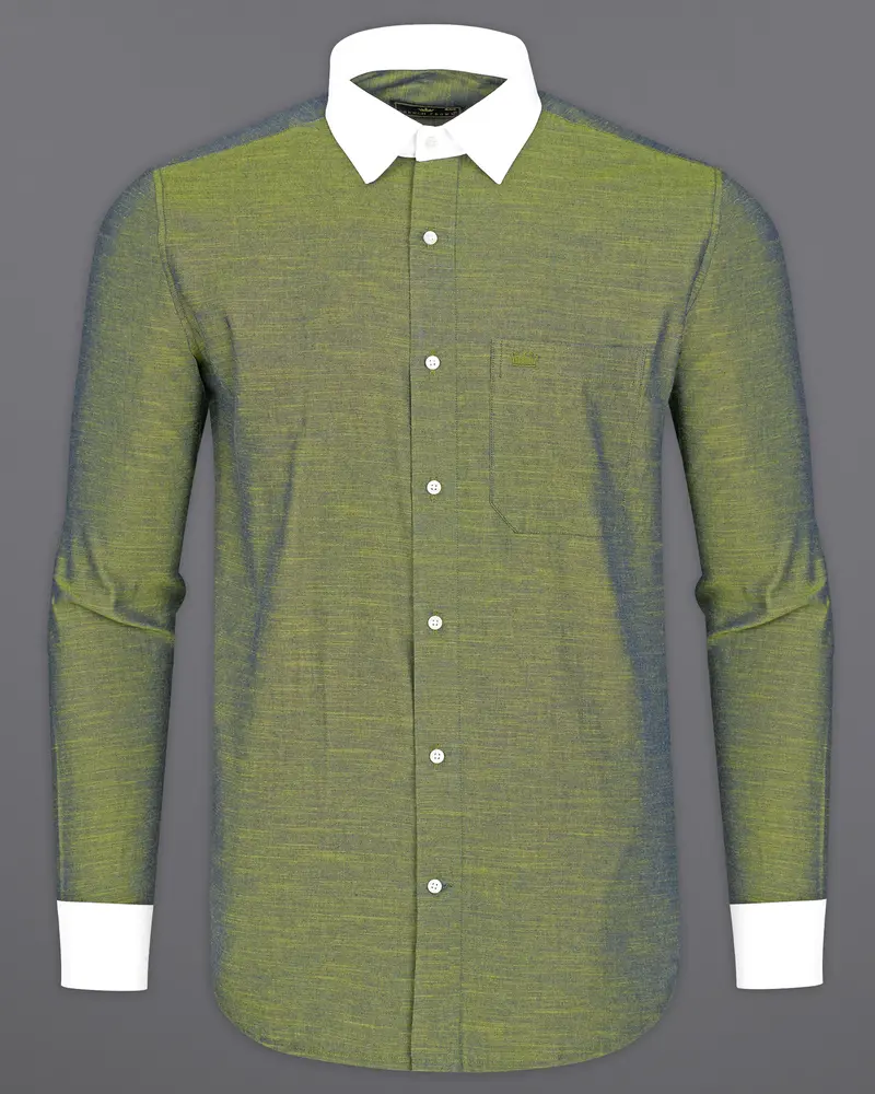 Moccasin Green With White Collar And Cuffs Luxurious Linen Shirt 6