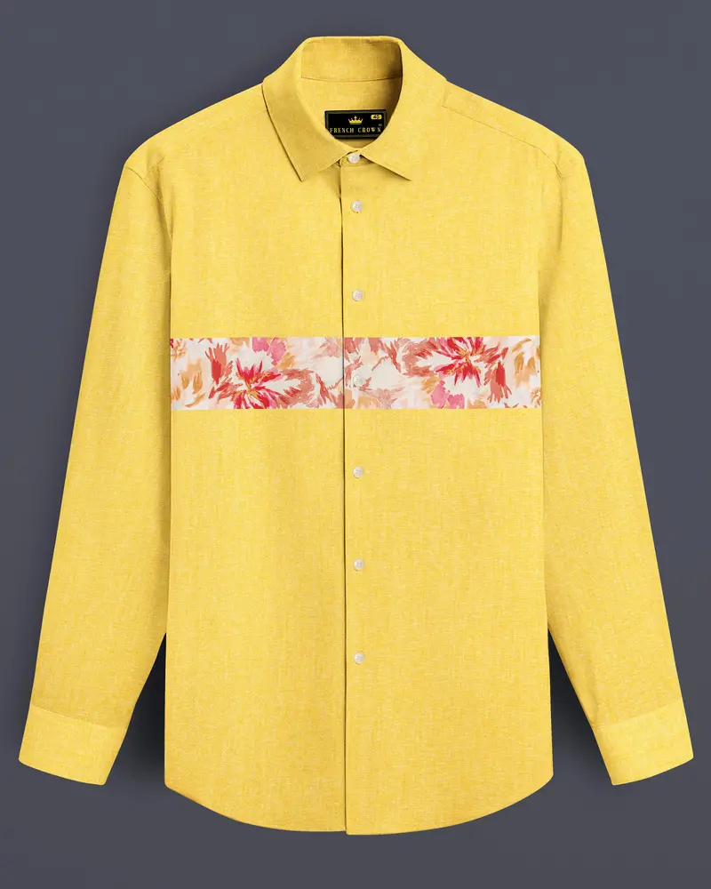 Moccasin Yellow Floral Patched Royal Oxford Designer Shirt 1