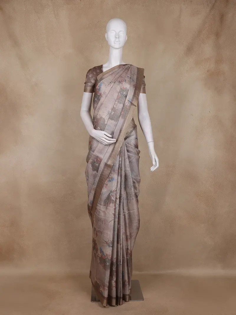 Mocha Brown Abstract Printed Design Tissue Silk Saree With Zari Border 1