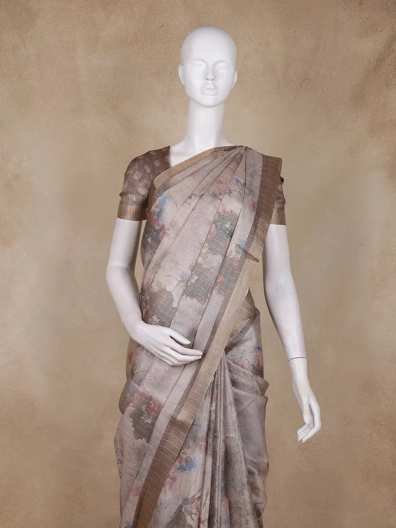 Mocha Brown Abstract Printed Design Tissue Silk Saree With Zari Border 2